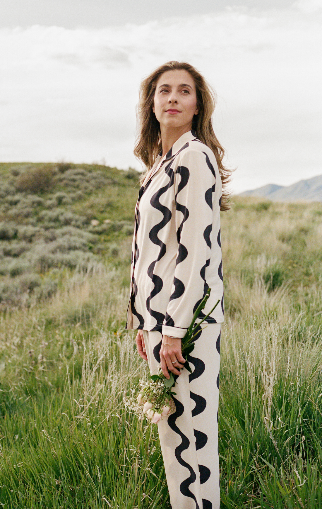 The Liam Pajama set from Lua Pajamas worn by it's founder, Lauren Franko.